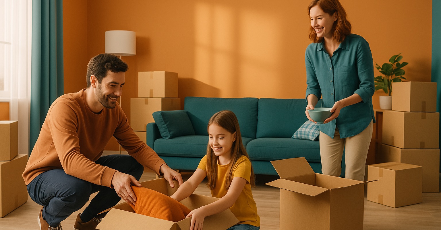 Rodina s malým dieťaťom vybaľuje krabice v novom byte – svetlý interiér s moderným zariadením v odtieňoch značky PLUSIM